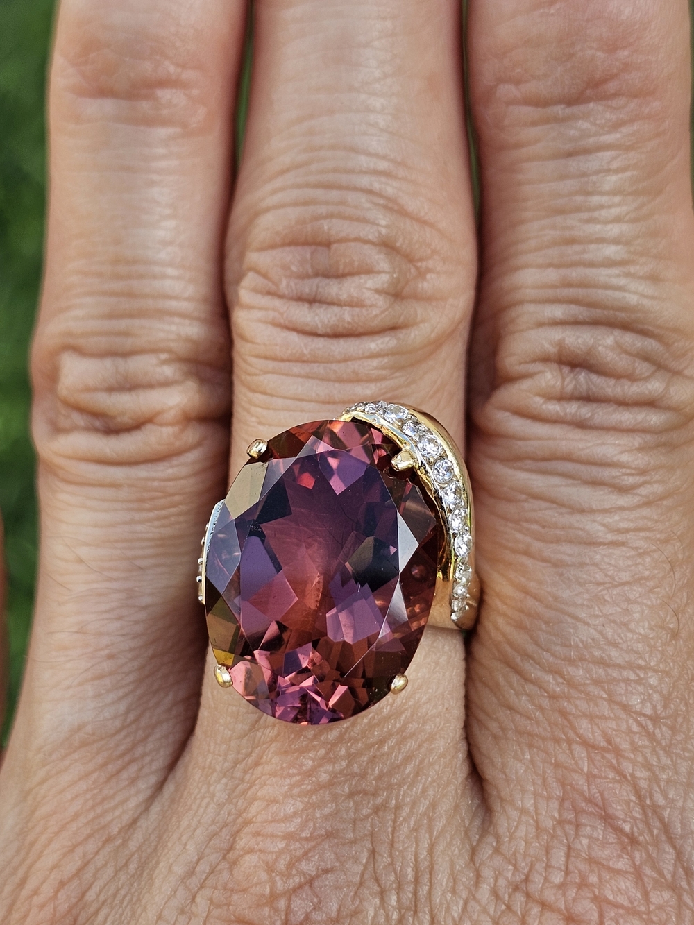 SOLD 14k Gold Ring with Large Plum Amber and Pavé Diamonds